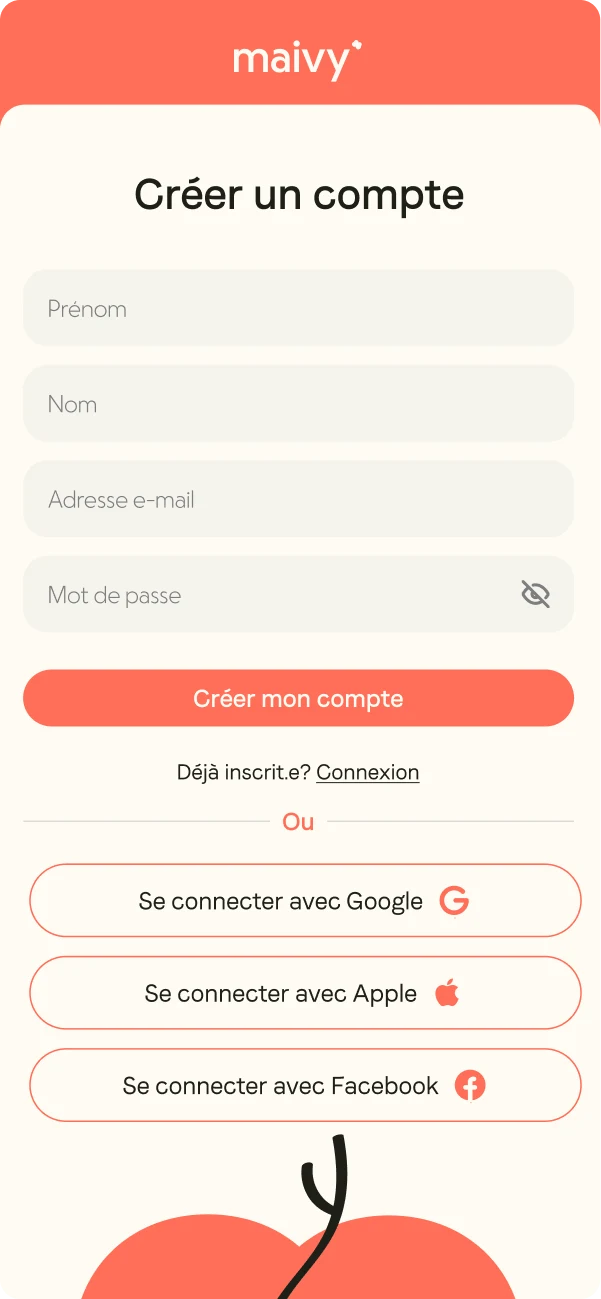 Maivy sign-up screen: the “Créer un compte” form with first name, last name, email and password fields, a coral primary button and Google, Apple and Facebook sign-in options