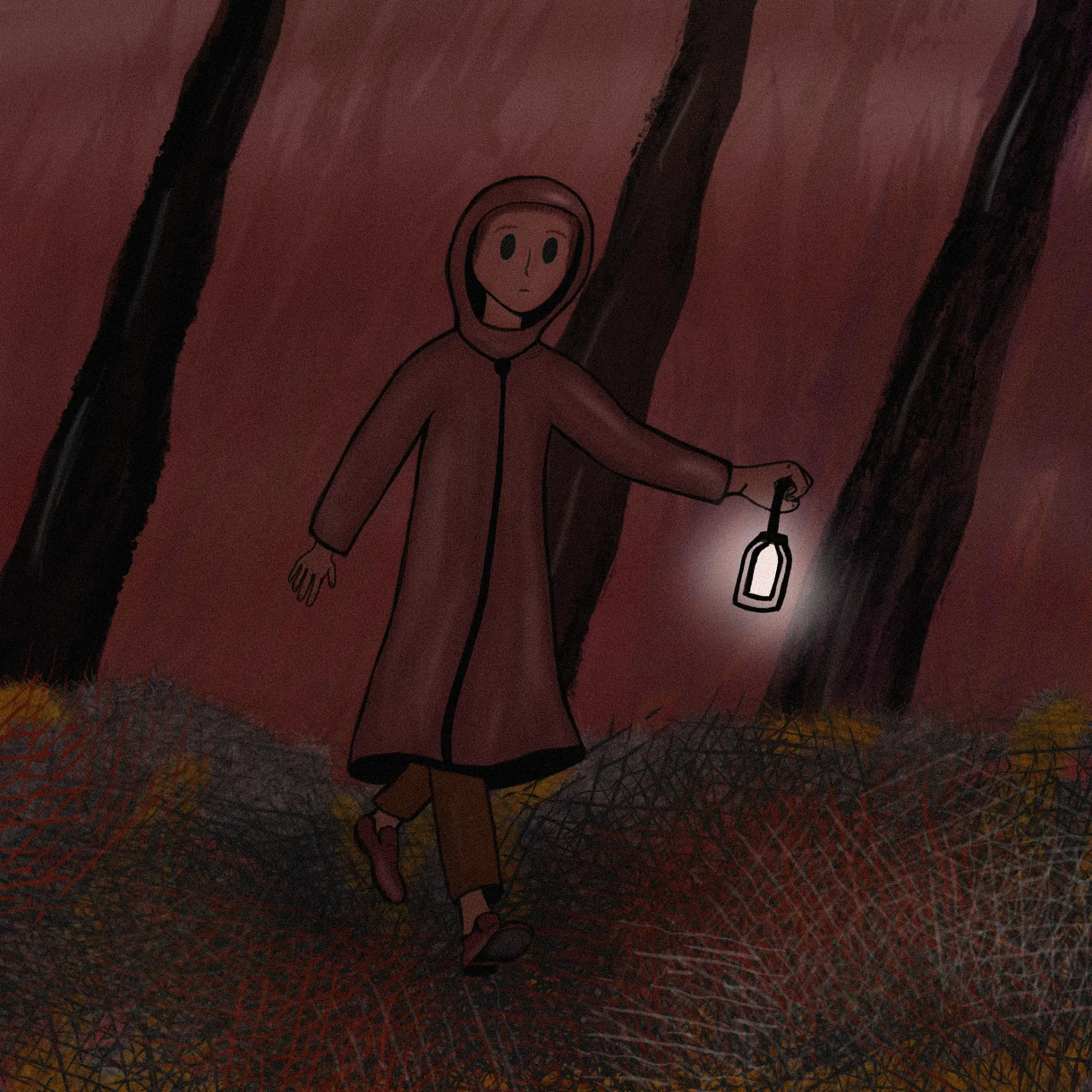 Figure with a lantern walking through a red forest