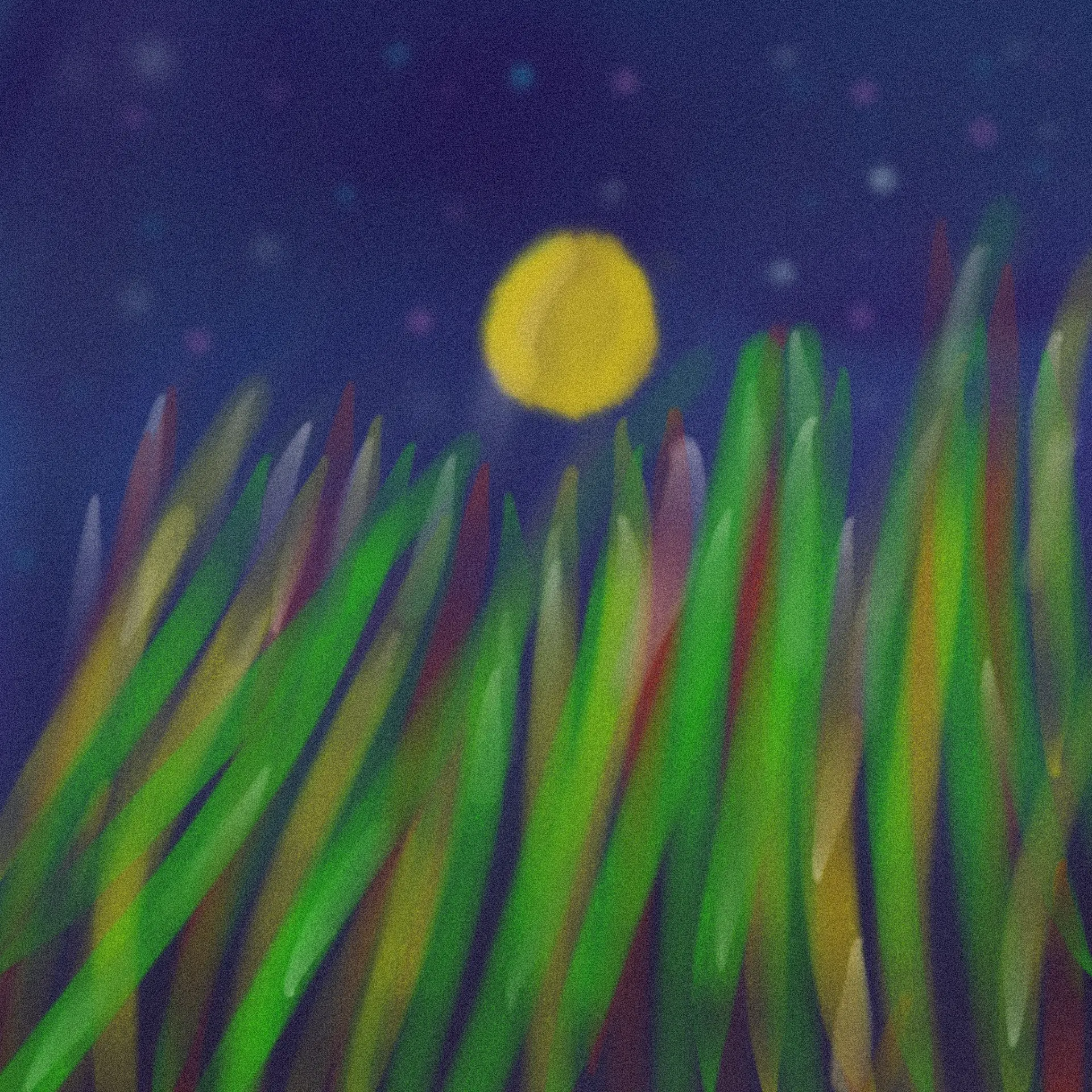 Moon over coloured grass, night study