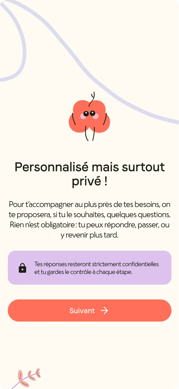 Maivy onboarding screen: the heading “Personnalisé mais surtout privé !”, a lilac reassurance panel with a padlock stating answers stay confidential, and a “Suivant” button