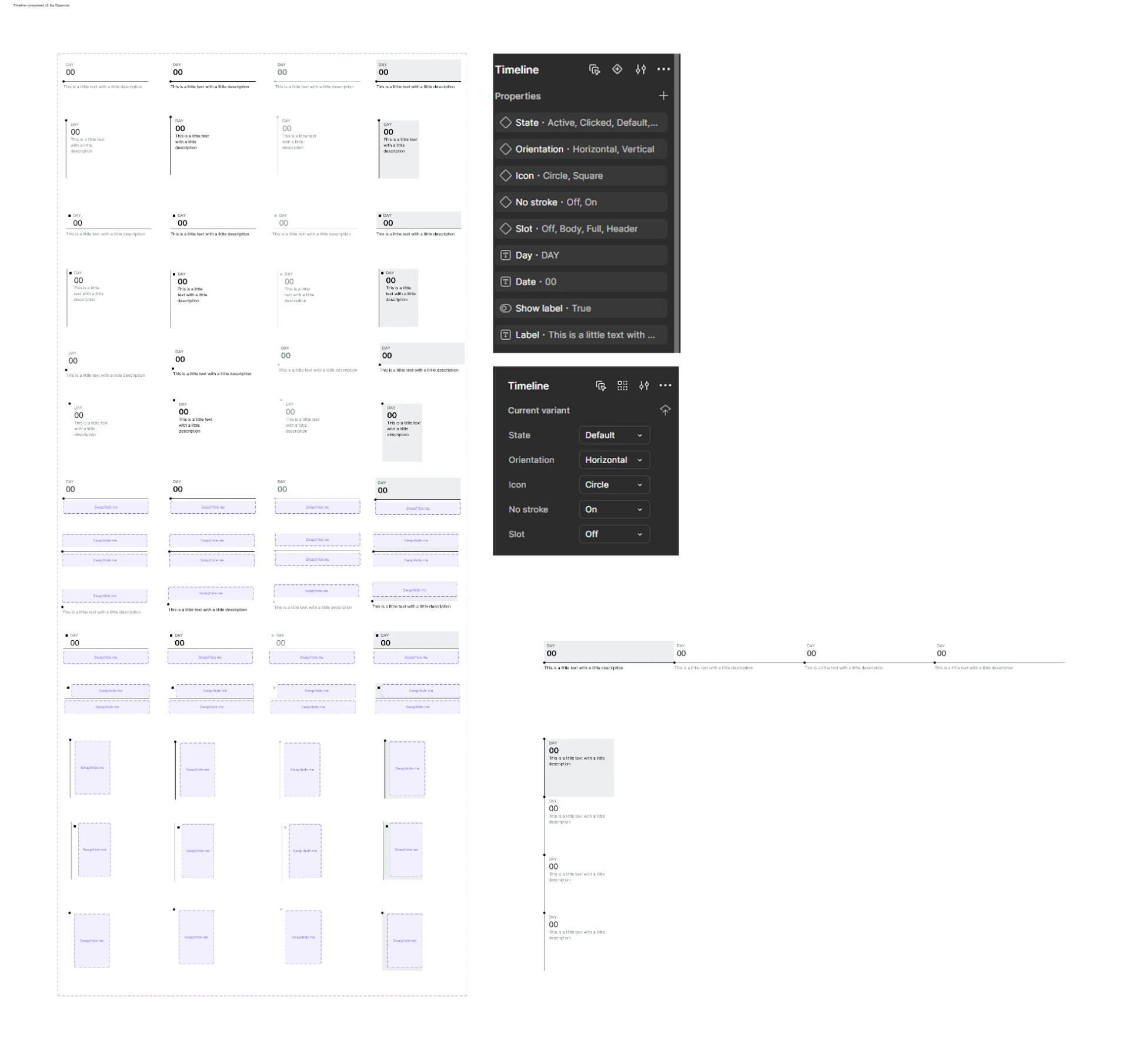 Later timeline exploration: component variants with slots and a clearer properties panel