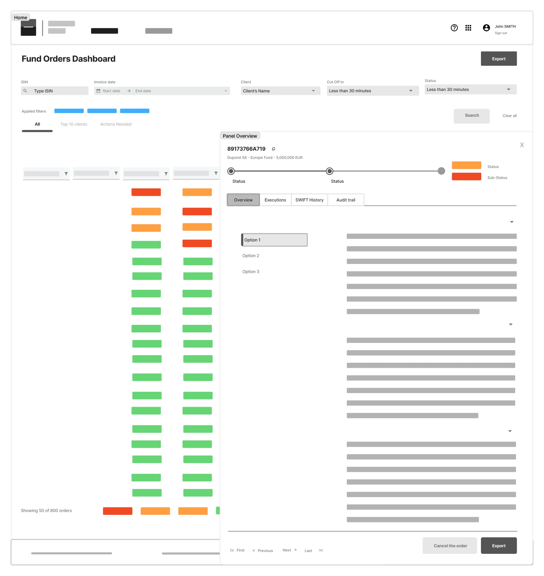 Early wireframe of the eFund Order dashboard with a list and a contextual detail panel