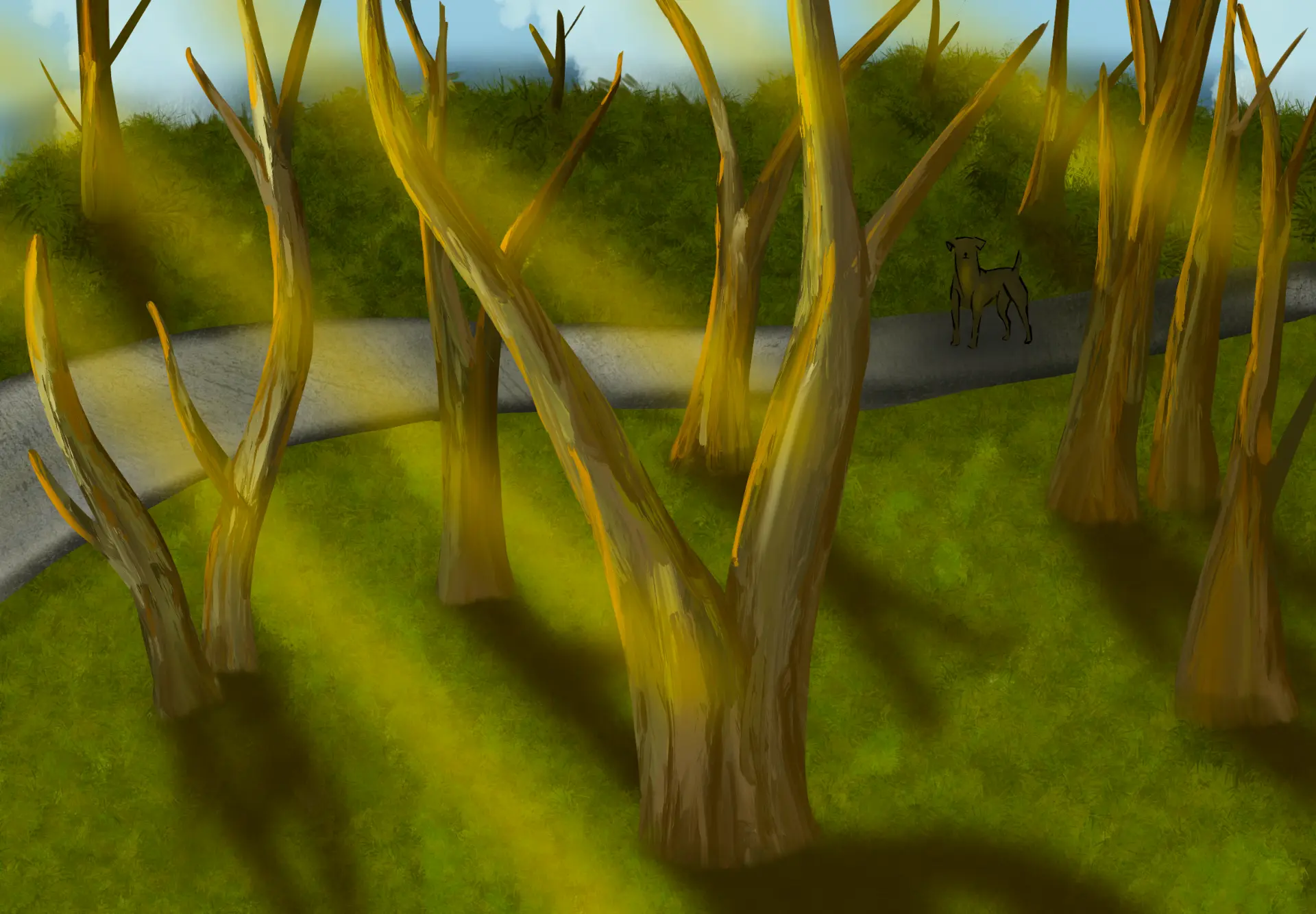 A dog on a path between yellow trees