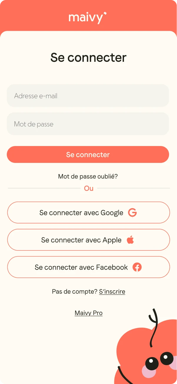 Maivy log-in screen: the “Se connecter” form with email and password fields, forgotten-password link, social log-in options and a link to the Maivy Pro space